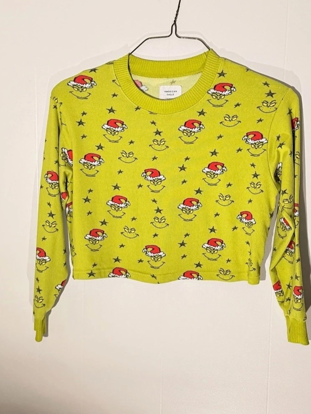 American Eagle Grinch Holiday Graphic Sweatshirt Yellow & Red XXS